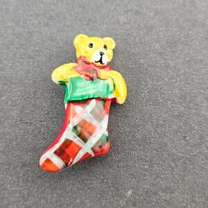 Vintage Hand Painted Enamel Teddy Bear Stocking Brooch Pin Retro Christmas